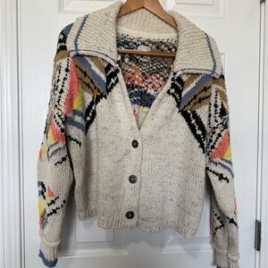 Pilcro Cream Multicolor Patterned Cotton Cardigan with collar cropped NWT Sz L